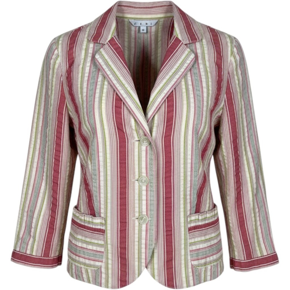 Cabi Women Red Pink Striped Cotton Blazer Jacket Ruffle Trim Style 300 Size 6